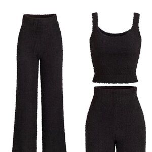 ISO!!!! SKIMS Black Textured Wide Leg Pants and Crop Top Set